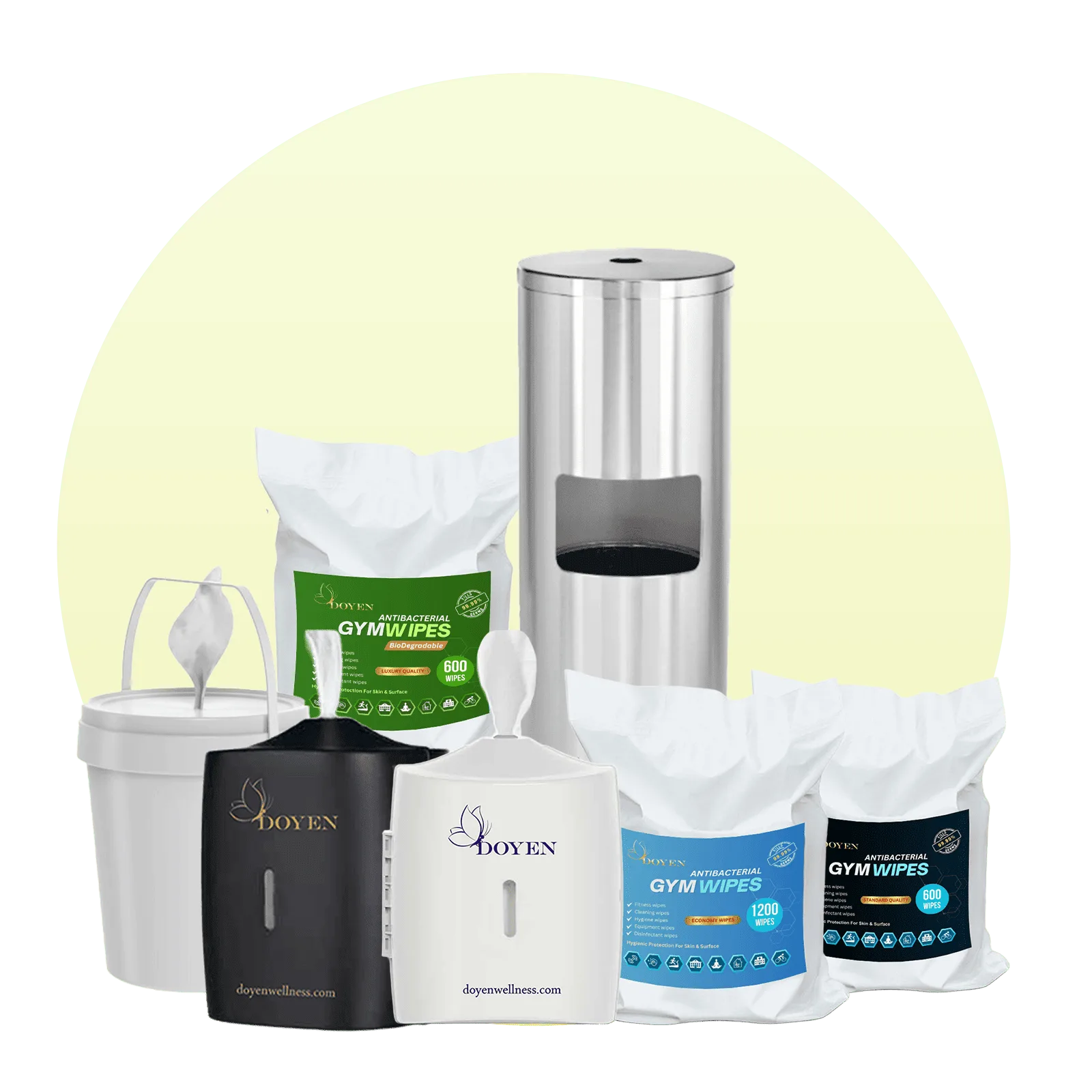 All Doyen Gym Wipes and dispensers for gyms, hotels, and fitness centers across UAE, GCC, Europe, and Africa