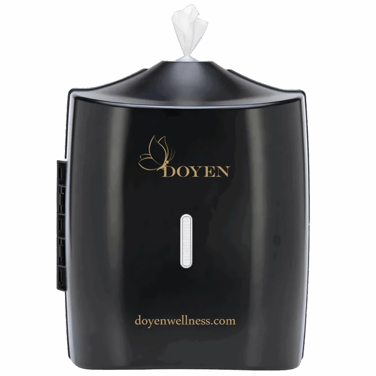 Black gym wipes dispenser wall-mounted in a modern UAE fitness center