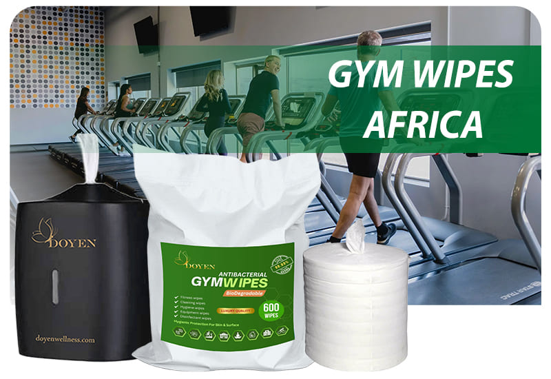 Biodegradable gym wipes and dispensers used in gyms across Africa including Lagos, Cairo, Algiers, Casablanca, Nairobi, and Accra.
