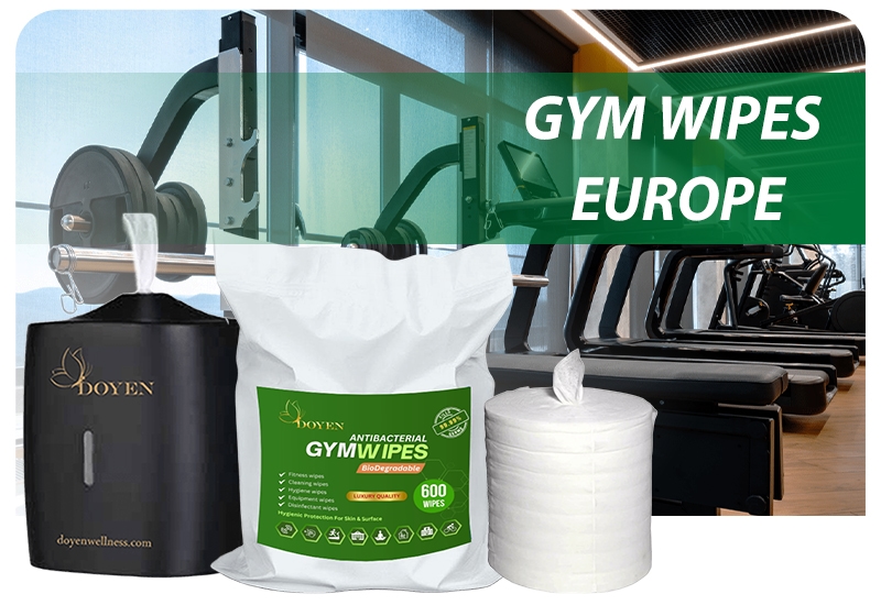 Biodegradable gym wipes and dispenser in fitness centers across Europe including London, Paris, Berlin, Rome, Madrid, Vienna, and Amsterdam.